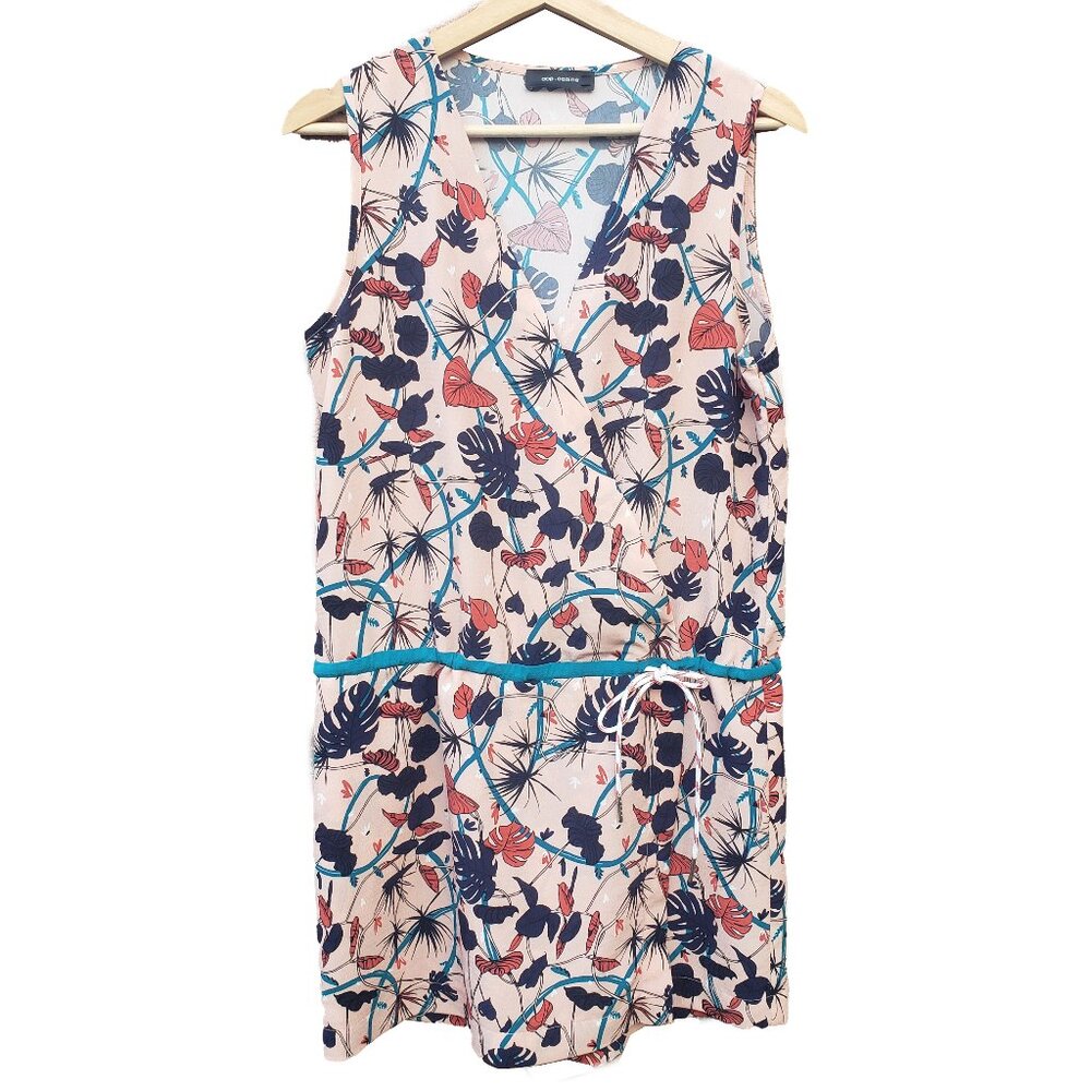Cop Copine Mini Dress Shorts Multi Leaf Print V Neck Sleeveless Small